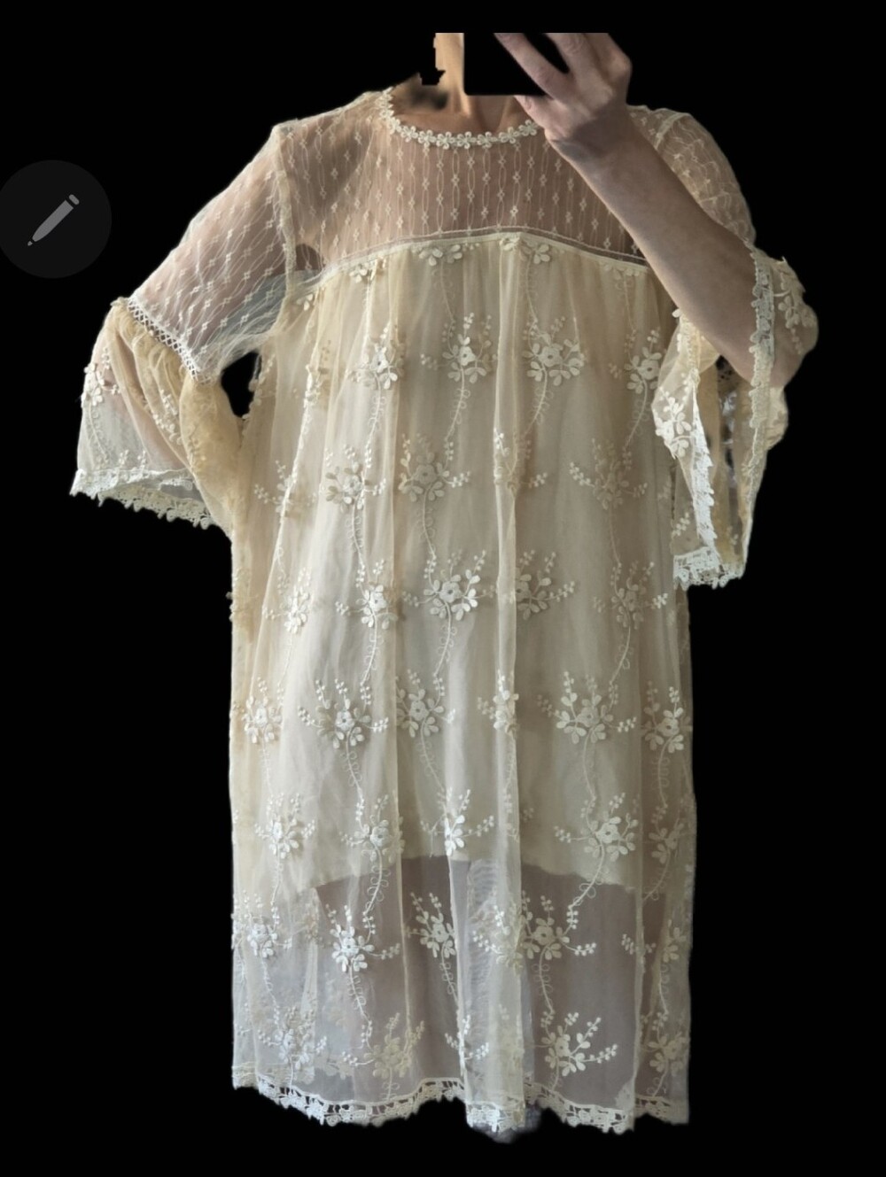 POL Sheer Ivory Lace Floral Embroidered Overlay Dress With Belle Sleeves Sz S - Picture 14 of 16